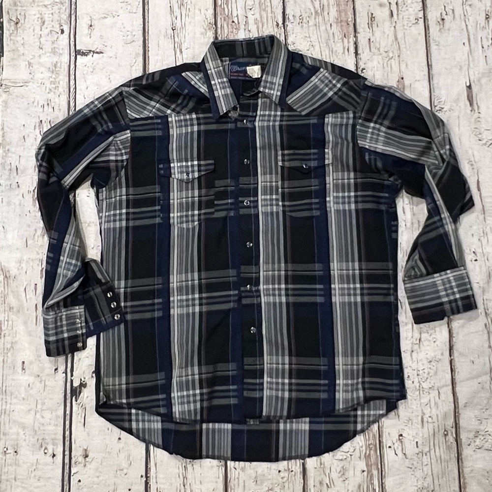 Vintage Wrangler Plaid Pearl Snap Rockabilly Cowboy Button Down Shirt